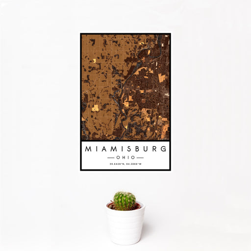 12x18 Miamisburg Ohio Map Print Portrait Orientation in Ember Style With Small Cactus Plant in White Planter