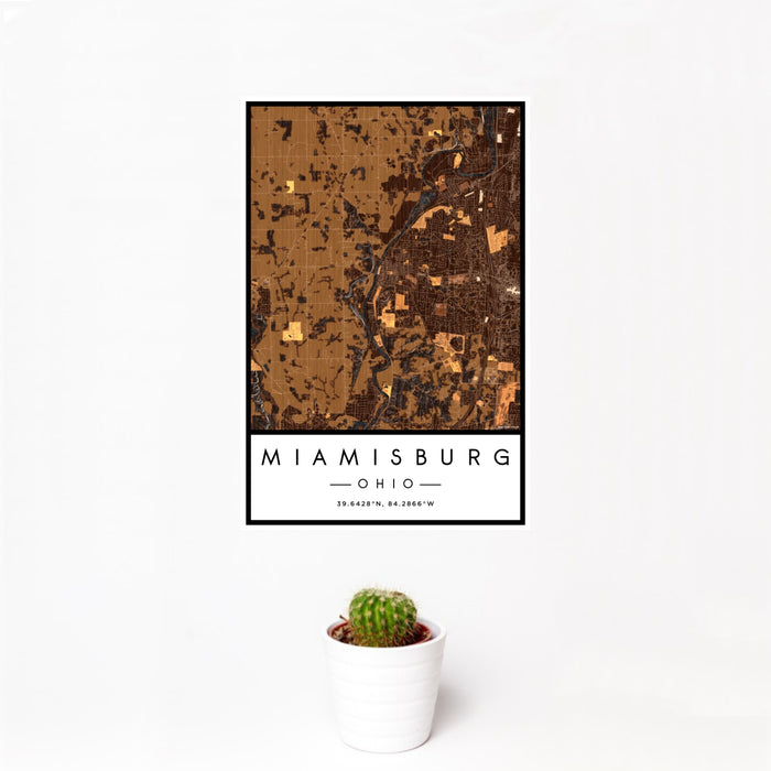 12x18 Miamisburg Ohio Map Print Portrait Orientation in Ember Style With Small Cactus Plant in White Planter