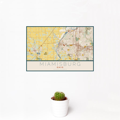 12x18 Miamisburg Ohio Map Print Landscape Orientation in Woodblock Style With Small Cactus Plant in White Planter