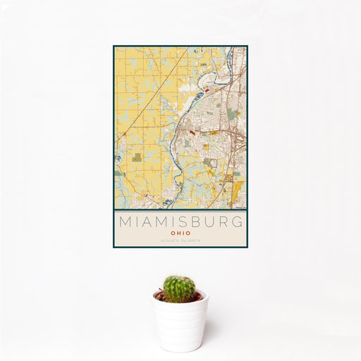 12x18 Miamisburg Ohio Map Print Portrait Orientation in Woodblock Style With Small Cactus Plant in White Planter