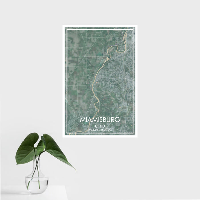 16x24 Miamisburg Ohio Map Print Portrait Orientation in Afternoon Style With Tropical Plant Leaves in Water