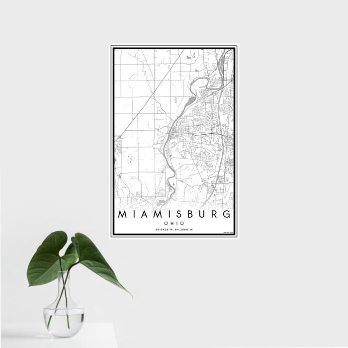 16x24 Miamisburg Ohio Map Print Portrait Orientation in Classic Style With Tropical Plant Leaves in Water