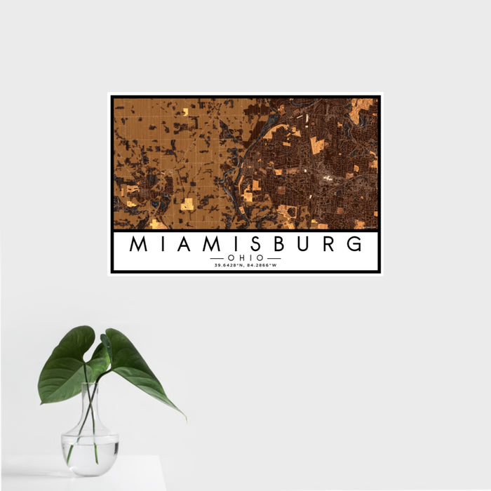 16x24 Miamisburg Ohio Map Print Landscape Orientation in Ember Style With Tropical Plant Leaves in Water