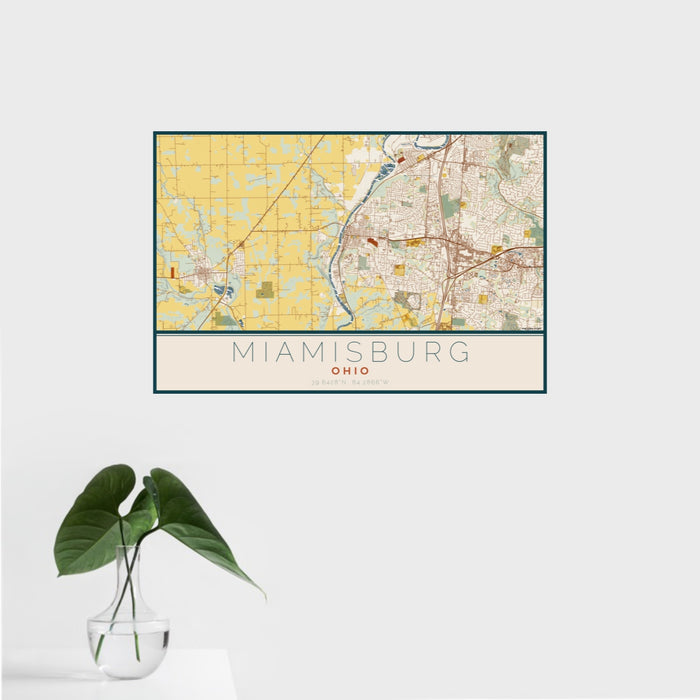 16x24 Miamisburg Ohio Map Print Landscape Orientation in Woodblock Style With Tropical Plant Leaves in Water