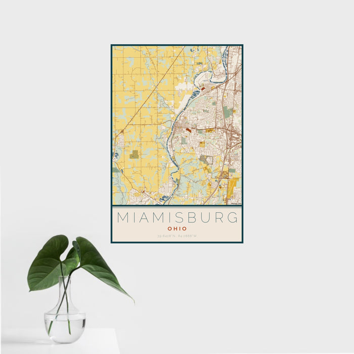 16x24 Miamisburg Ohio Map Print Portrait Orientation in Woodblock Style With Tropical Plant Leaves in Water