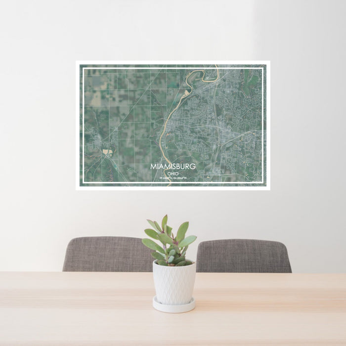 24x36 Miamisburg Ohio Map Print Lanscape Orientation in Afternoon Style Behind 2 Chairs Table and Potted Plant