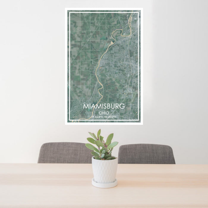 24x36 Miamisburg Ohio Map Print Portrait Orientation in Afternoon Style Behind 2 Chairs Table and Potted Plant
