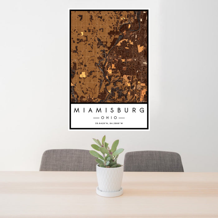 24x36 Miamisburg Ohio Map Print Portrait Orientation in Ember Style Behind 2 Chairs Table and Potted Plant