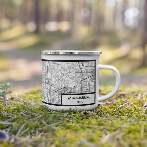 Right View Custom Miamisburg Ohio Map Enamel Mug in Classic on Grass With Trees in Background