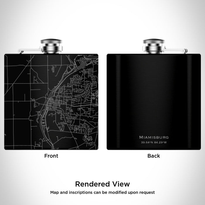 Rendered View of Miamisburg Ohio Map Engraving on 6oz Stainless Steel Flask in Black