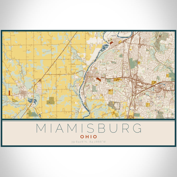 Miamisburg Ohio Map Print Landscape Orientation in Woodblock Style With Shaded Background