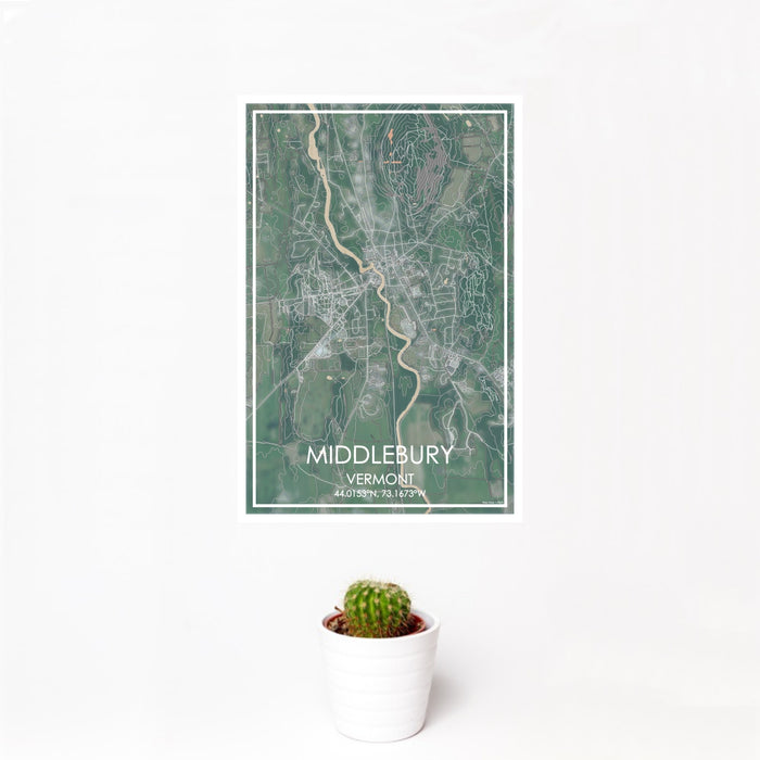 12x18 Middlebury Vermont Map Print Portrait Orientation in Afternoon Style With Small Cactus Plant in White Planter