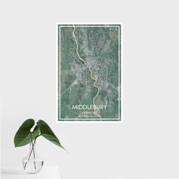 16x24 Middlebury Vermont Map Print Portrait Orientation in Afternoon Style With Tropical Plant Leaves in Water