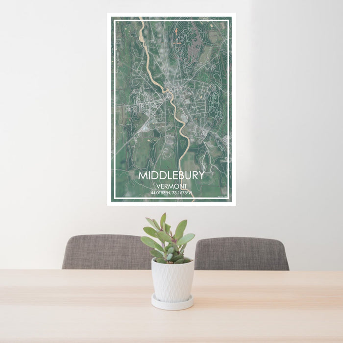 24x36 Middlebury Vermont Map Print Portrait Orientation in Afternoon Style Behind 2 Chairs Table and Potted Plant