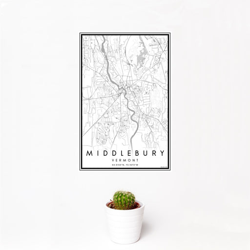 12x18 Middlebury Vermont Map Print Portrait Orientation in Classic Style With Small Cactus Plant in White Planter