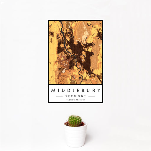 12x18 Middlebury Vermont Map Print Portrait Orientation in Ember Style With Small Cactus Plant in White Planter