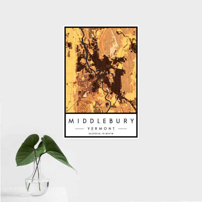 16x24 Middlebury Vermont Map Print Portrait Orientation in Ember Style With Tropical Plant Leaves in Water