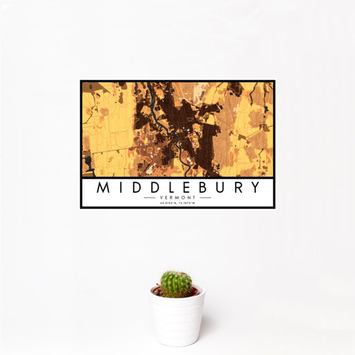 12x18 Middlebury Vermont Map Print Landscape Orientation in Ember Style With Small Cactus Plant in White Planter