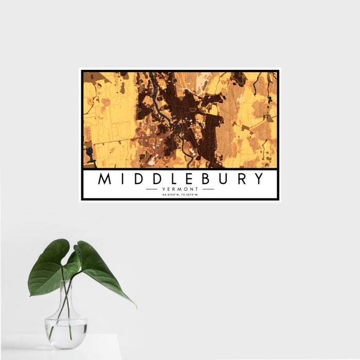 16x24 Middlebury Vermont Map Print Landscape Orientation in Ember Style With Tropical Plant Leaves in Water