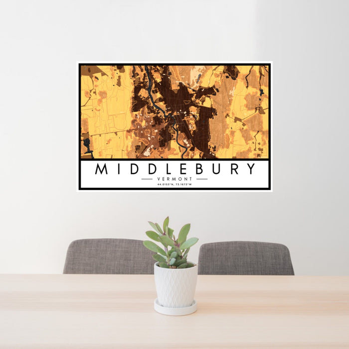 24x36 Middlebury Vermont Map Print Landscape Orientation in Ember Style Behind 2 Chairs Table and Potted Plant