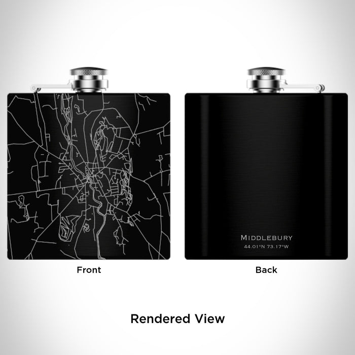 Rendered View of Middlebury Vermont Map Engraving on 6oz Stainless Steel Flask in Black