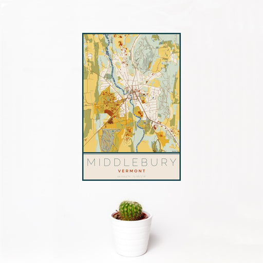 12x18 Middlebury Vermont Map Print Portrait Orientation in Woodblock Style With Small Cactus Plant in White Planter