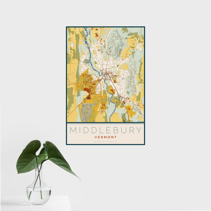 16x24 Middlebury Vermont Map Print Portrait Orientation in Woodblock Style With Tropical Plant Leaves in Water