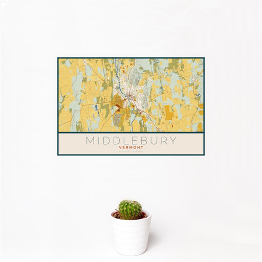 12x18 Middlebury Vermont Map Print Landscape Orientation in Woodblock Style With Small Cactus Plant in White Planter