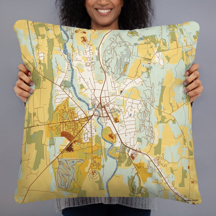 Person holding 22x22 Custom Middlebury Vermont Map Throw Pillow in Woodblock