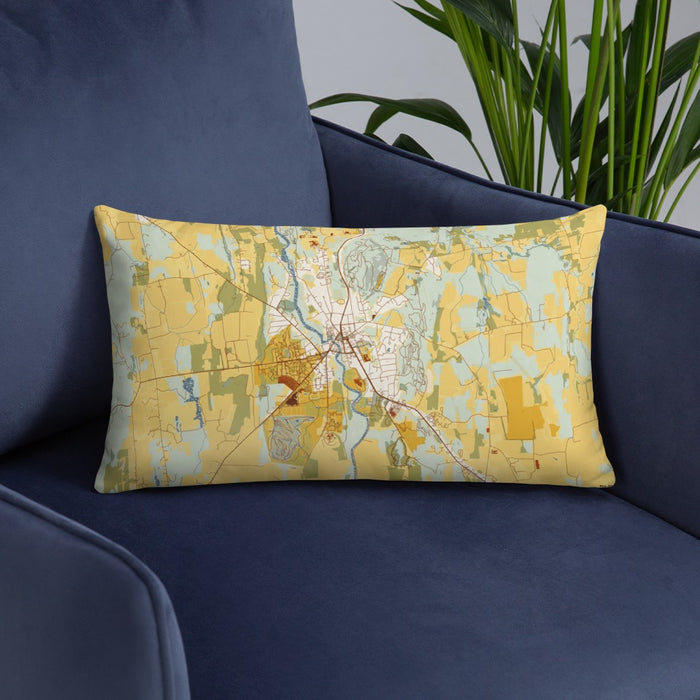 Custom Middlebury Vermont Map Throw Pillow in Woodblock on Blue Colored Chair