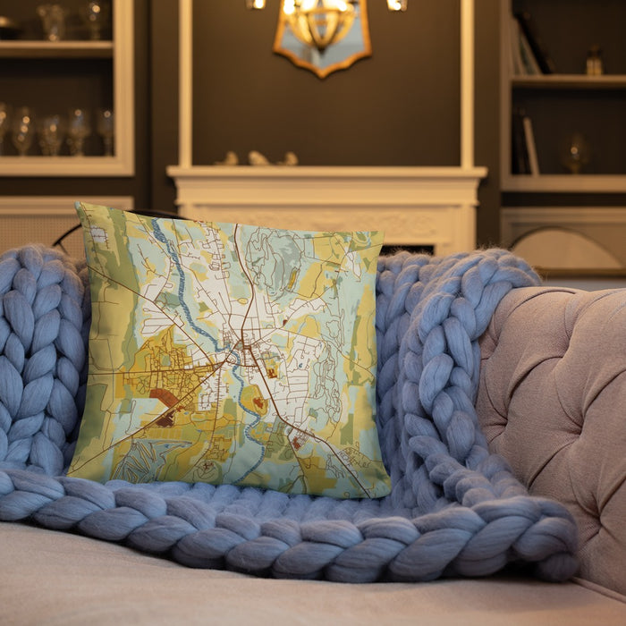 Custom Middlebury Vermont Map Throw Pillow in Woodblock on Cream Colored Couch