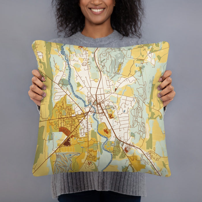 Person holding 18x18 Custom Middlebury Vermont Map Throw Pillow in Woodblock