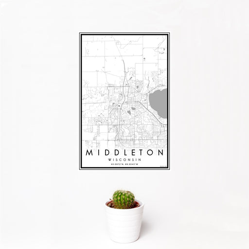 12x18 Middleton Wisconsin Map Print Portrait Orientation in Classic Style With Small Cactus Plant in White Planter