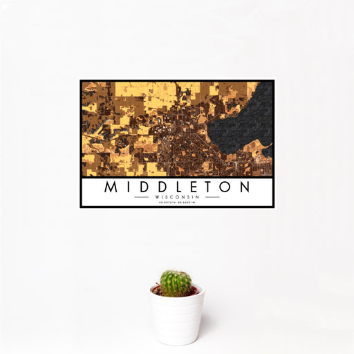 12x18 Middleton Wisconsin Map Print Landscape Orientation in Ember Style With Small Cactus Plant in White Planter
