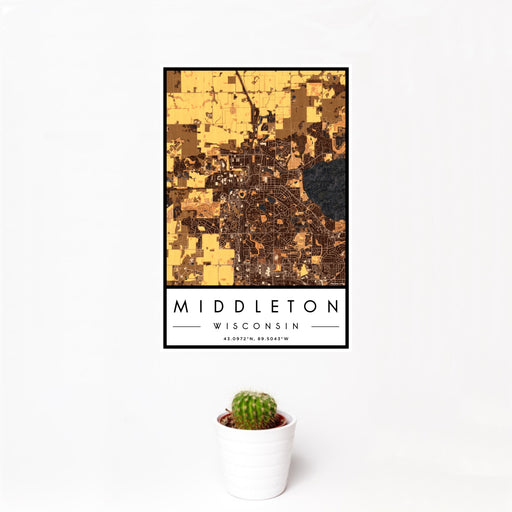 12x18 Middleton Wisconsin Map Print Portrait Orientation in Ember Style With Small Cactus Plant in White Planter
