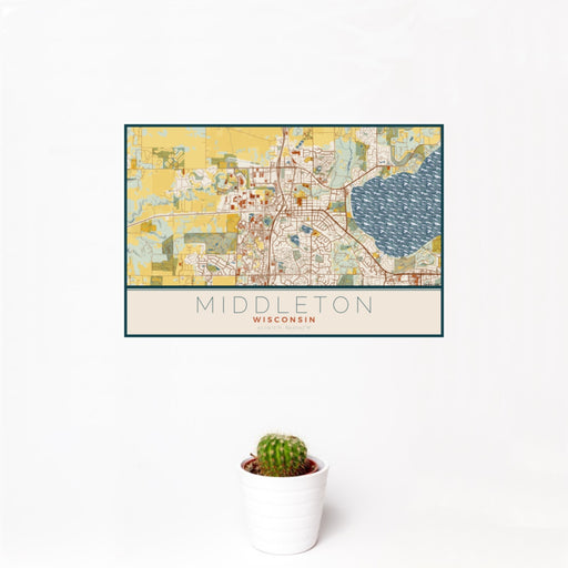 12x18 Middleton Wisconsin Map Print Landscape Orientation in Woodblock Style With Small Cactus Plant in White Planter