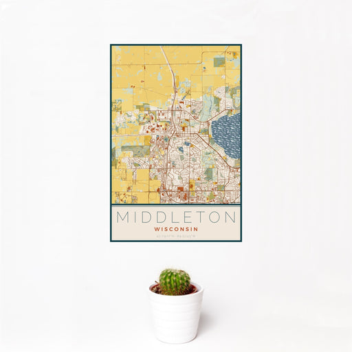 12x18 Middleton Wisconsin Map Print Portrait Orientation in Woodblock Style With Small Cactus Plant in White Planter