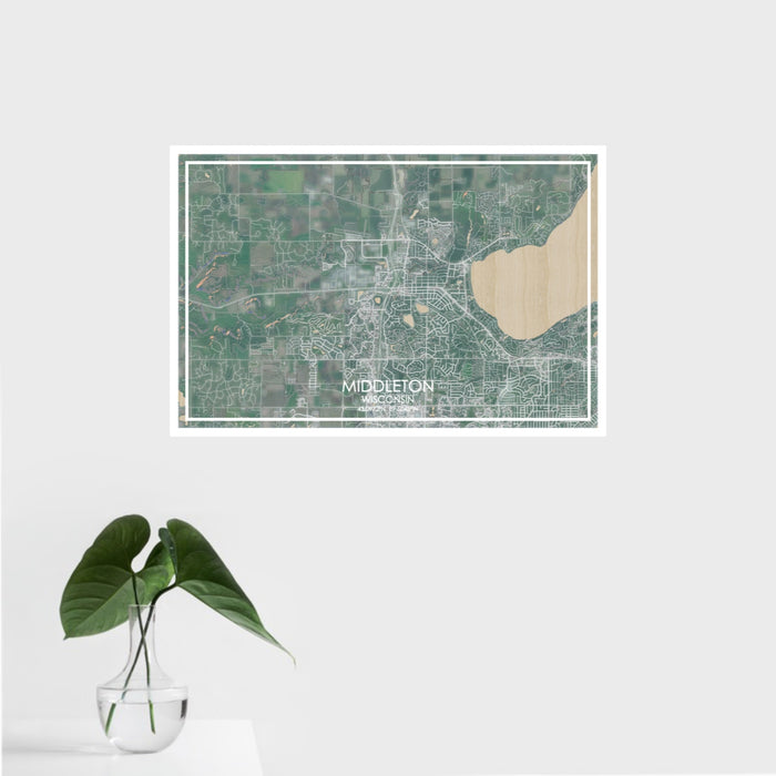 16x24 Middleton Wisconsin Map Print Landscape Orientation in Afternoon Style With Tropical Plant Leaves in Water