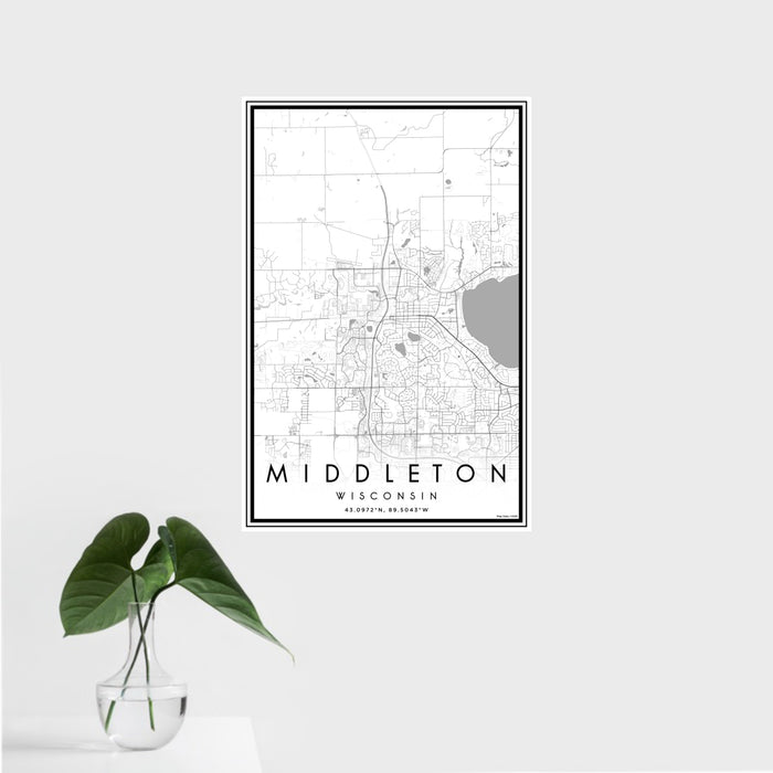 16x24 Middleton Wisconsin Map Print Portrait Orientation in Classic Style With Tropical Plant Leaves in Water
