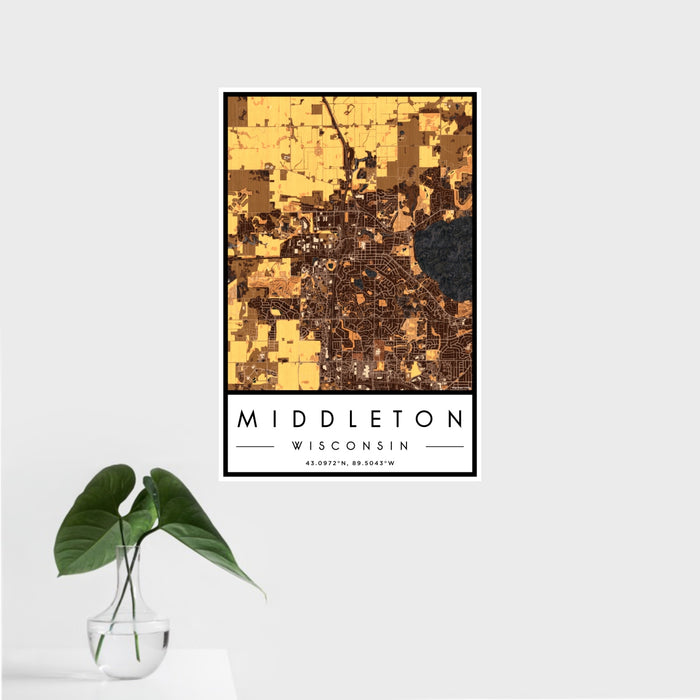 16x24 Middleton Wisconsin Map Print Portrait Orientation in Ember Style With Tropical Plant Leaves in Water