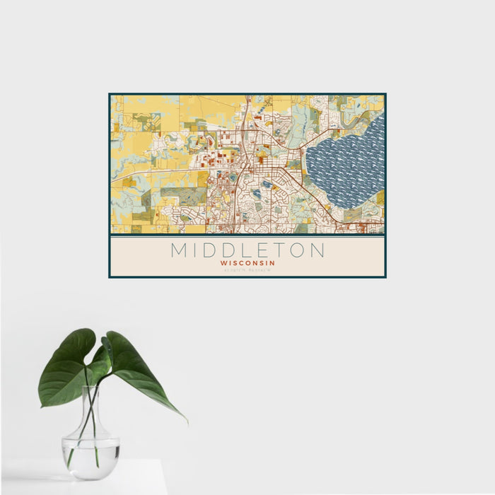 16x24 Middleton Wisconsin Map Print Landscape Orientation in Woodblock Style With Tropical Plant Leaves in Water