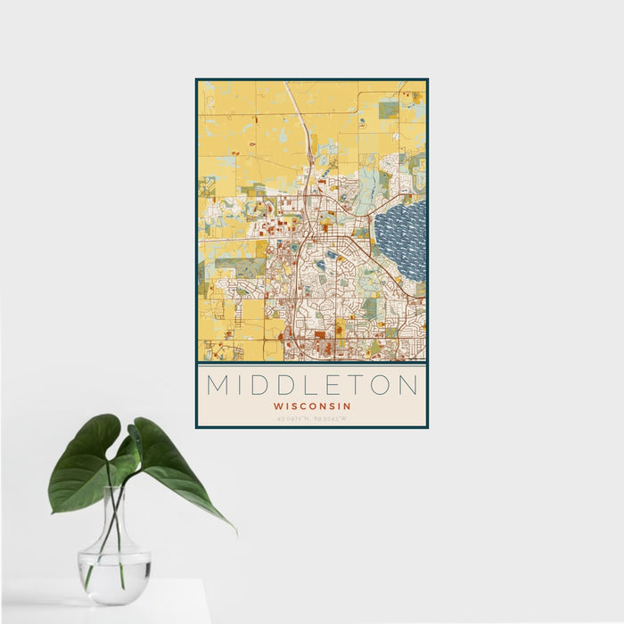 16x24 Middleton Wisconsin Map Print Portrait Orientation in Woodblock Style With Tropical Plant Leaves in Water