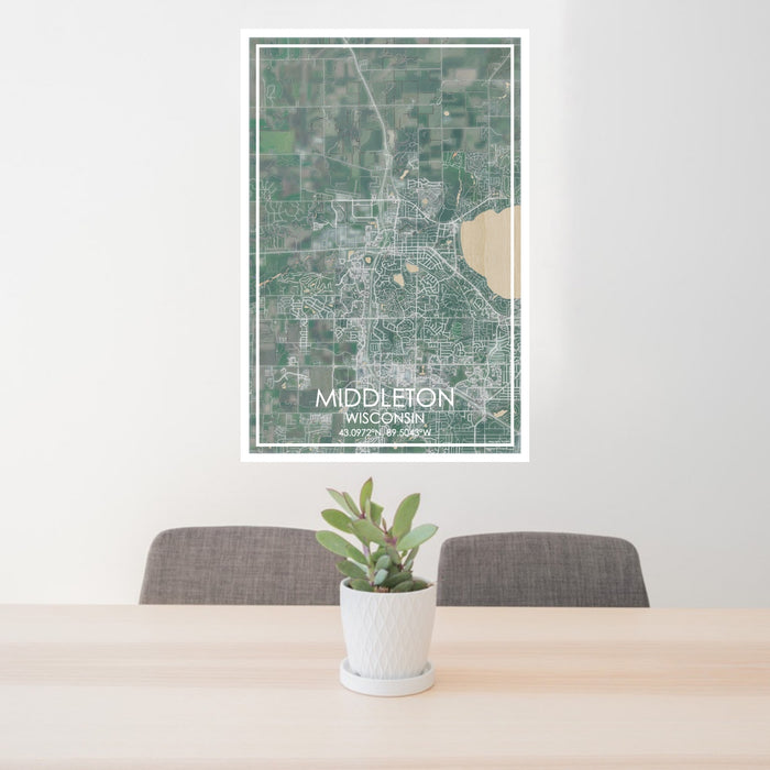 24x36 Middleton Wisconsin Map Print Portrait Orientation in Afternoon Style Behind 2 Chairs Table and Potted Plant