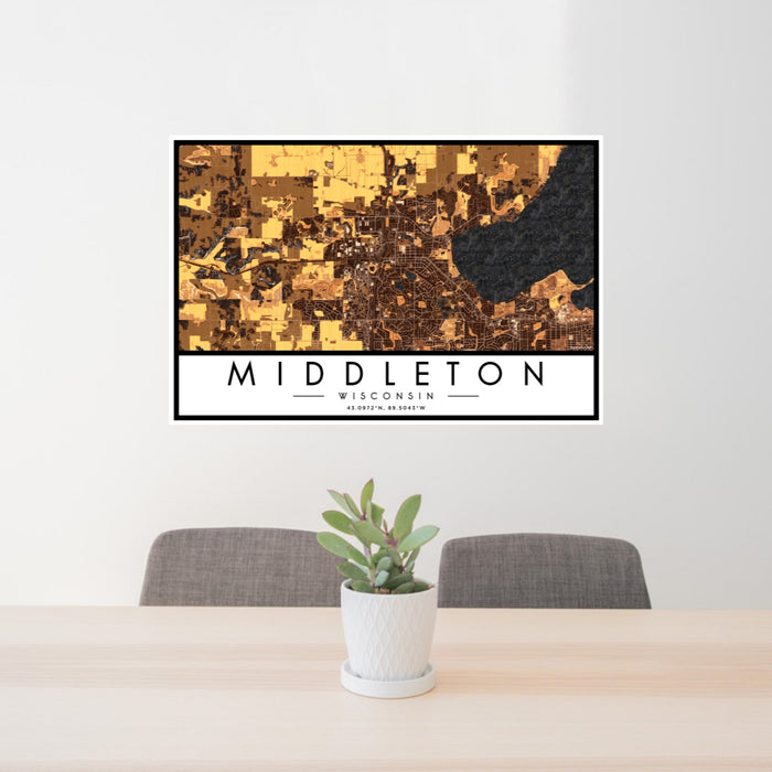 24x36 Middleton Wisconsin Map Print Lanscape Orientation in Ember Style Behind 2 Chairs Table and Potted Plant