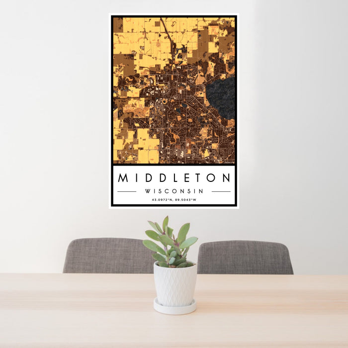 24x36 Middleton Wisconsin Map Print Portrait Orientation in Ember Style Behind 2 Chairs Table and Potted Plant
