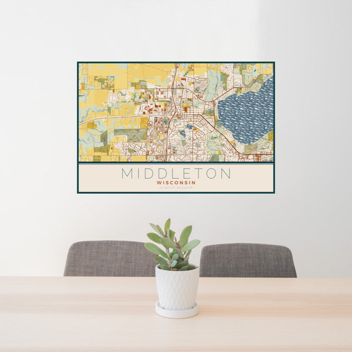 24x36 Middleton Wisconsin Map Print Lanscape Orientation in Woodblock Style Behind 2 Chairs Table and Potted Plant