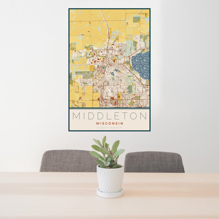 24x36 Middleton Wisconsin Map Print Portrait Orientation in Woodblock Style Behind 2 Chairs Table and Potted Plant