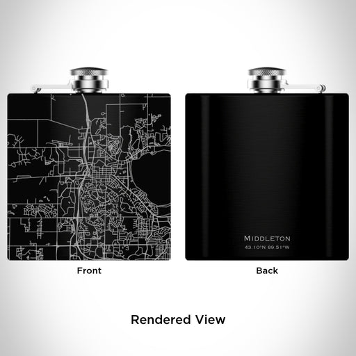 Rendered View of Middleton Wisconsin Map Engraving on 6oz Stainless Steel Flask in Black