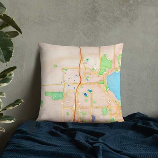 Custom Middleton Wisconsin Map Throw Pillow in Watercolor on Bedding Against Wall