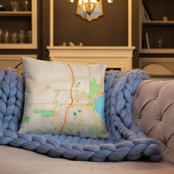 Custom Middleton Wisconsin Map Throw Pillow in Watercolor on Cream Colored Couch